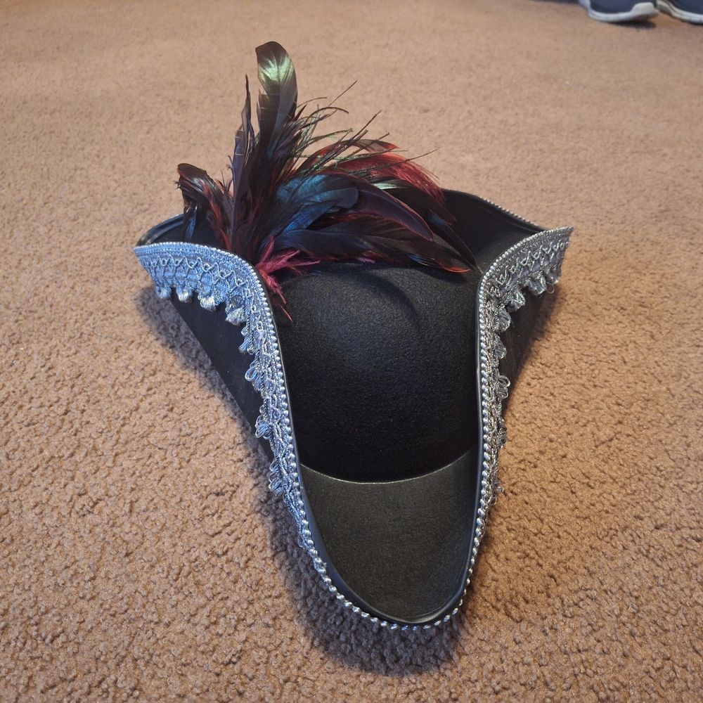 Black Tricorn Hat with Feathers and Silver Trim